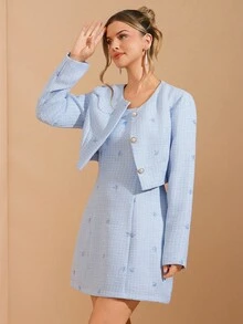 Amorya Women's Elegant Bow Decor Short Jacket And Sleeveless Dress Set, Suitable For Daily Wear And Multiple Occasions, Autumn