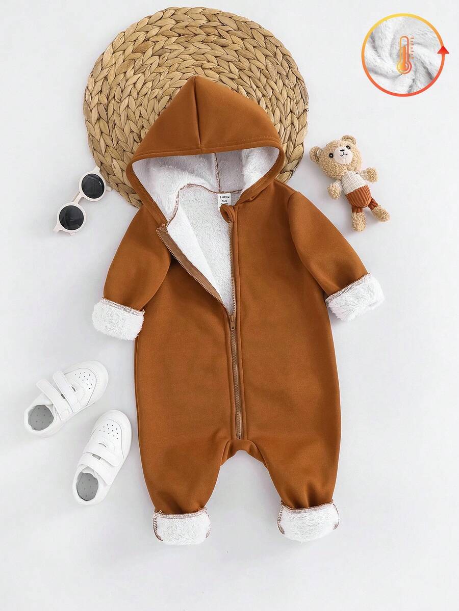Bộ đồ liền thân dệt kim dày chải kỹ màu nâu có mũ trùm đầu cho bé trai/bé gái, mềm mại và rộng rãi, khóa kéo, đa năng cho cả trong nhà và ngoài trời, mùa thu/đông - màu nâu - Xem 1