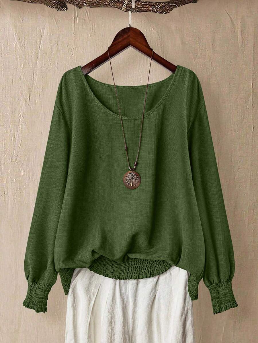 Linhara 加大码女式 V 领长袖 T 恤，适合通勤和休闲外出穿着 - 綠色 - 查看 1