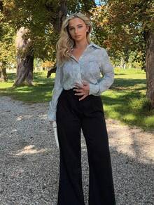 Jeta Ari Women's Dusty Blue Woven Fabric Long Sleeve Collared Sheer Blouse Casual Floral Button-Down Top - Dusty Blue - View 1