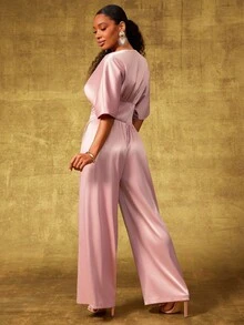 Vixey Tuta ampia con scollo a V, spalle cadenti, in raso elasticizzato, vita stretta e gamba larga - Rosa - Visualizzare 2