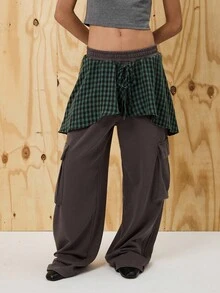COUREZ Low Rise Oversized Cargo Joggers With Layered Check Skirt /Y2K Going Out For Women Spring For Women Rave Casual Wide Leg Pants - Black - View 2