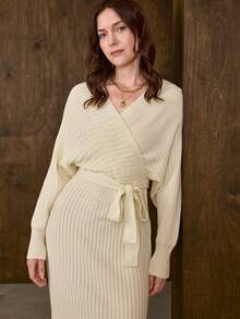 Hansera 秋冬新款交叉带深V领性感女式毛衣裙 - 杏色 - 查看 1