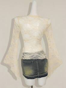 SHEIN ICON Y2k Women's Western Country Concert Boho Hippie Goth Sheer Beige Sexy Lace Twist Front Long Sleeve Cardigan - Apricot - View 2