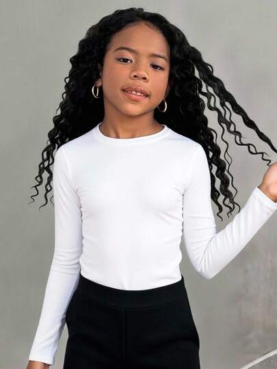 SHEIN Tween Girl Casual Elfenbensvit Rund Halsad Fleece Vit Långärmad T-shirt, Mamma Och Jag Matchande Outfits (2 Delar Säljs Separat)