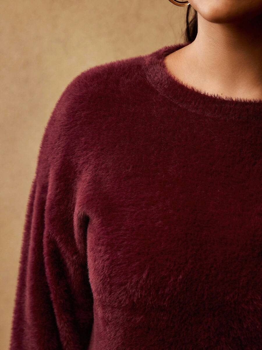 MOTF PREMIUM CHRISTMAS WOMEN'S PLUS FLUFFY KNITTED PULLOVER SWEATER, AUTUMN/WINTER - Burgundy - View 2