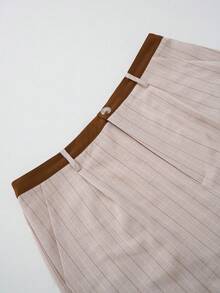 SHEIN LUNE 休闲通勤时尚高端奢华撞色腰带拼接前开领亚麻条纹面料斜口袋女士直筒裤 - 卡其色 - 查看 5