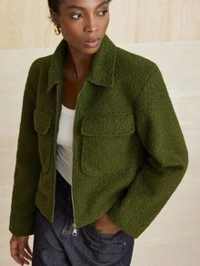 Aveloria Modichic Áo khoác động cổ lật hai túi dành cho nữ, tối giản và đa năng - màu xanh lá - Xem 1