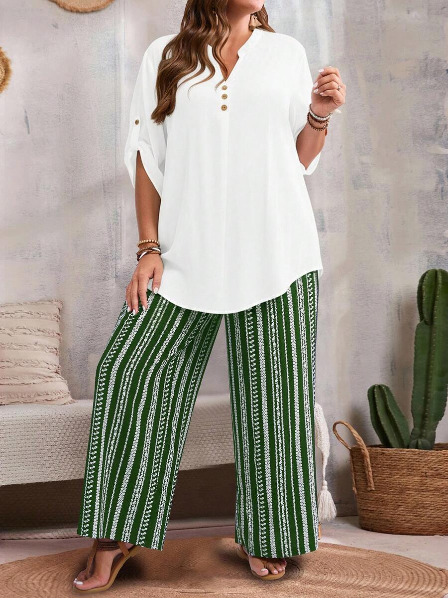 EMERY ROSE Plus Size Casual Solid Color Shirt And Striped Pants 2 Pieces Set - White - View 1