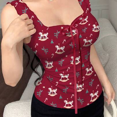 여성용 회전목마 & 홀리 식물, 스타 디지털 프린트 타이트 핏 캐미솔, 보우 타이 디자인, 봄/가을용 패셔너블