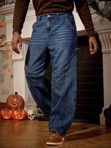 Manfinity Homme Quần jeans ống rộng dáng rộng màu xanh đậm dành cho nam - Rửa trung bình - Xem 3