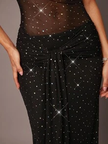 Silquee 女式不对称领口透视镂空长裙，性感纯黑色，低腰，秋冬 - 黑色 - 查看 7