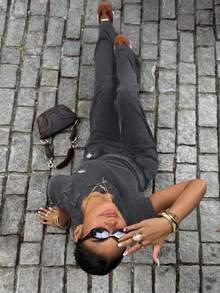 Muchica Women's Black Knit Casual Embroidered T-Shirt & Pants Set Two Piece Set Women Comfy Y2k 2 Piece Set Grey 2 Piece Set 2 Piece Casual Sets Woman - Grey - View 4