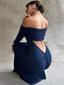 Firerie 女士藏蓝色露肩褶皱露背性感修身鱼尾长裙，优雅、通勤、性感、度假、海滩、波西米亚风、夏威夷风情、音乐节、浪漫、约会、派对、婚礼季、毕业典礼、舞会、演出、演唱会、工作、返校、女士生日礼服、婚礼宾客礼服 - 藏蓝色 - 查看 7