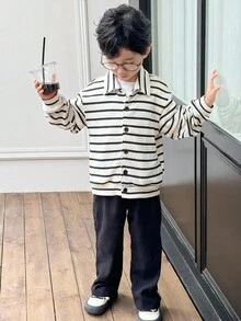 Genkimix Kids 2pcs/Set Toddler Boys' Autumn New Striped Collar Long Sleeve Button-Up Shirt Top And Straight Leg Casual Pants Set, Stylish Street Fashion Outfit Fall Winter - Black and White - View 4