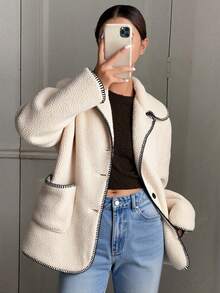 Livesso Chaqueta de bolsillo con forro de borreguito sintético de ajuste regular para mujer, abrigos de mujer de otoño - Beis - Ver 6