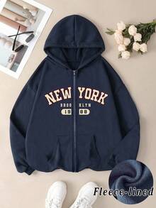 SHEIN Serisse Kids 少女休闲日常校服字母印花拉链卫衣，带口袋，保暖内衬，适合返校季秋冬季穿着 - 寶藍色 - 查看 6