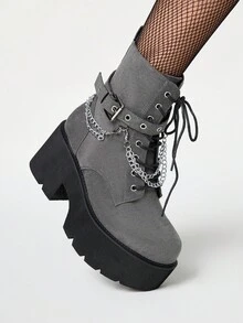 ROMWE Grunge Punk Giày bốt cao đến mắt cá chân đế dày phong cách Punk dành cho nữ, giày bốt chiến đấu đế xuồng trang trí bằng kim loại Gothic, thoải mái - Xám - Xem 5