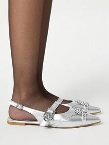 ROMWE Goth 女士优雅时尚休闲尖头平底鞋，哥特式丝绸面料黑色平底鞋，适合派对、日常穿着、晚礼服 - 銀色 - 查看 4