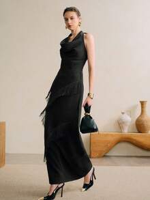 EMERY ROSE Nowa, asymetryczna spódnica damska w kształcie litery A, jesień/zima, z frędzlami i łukiem, z marszczeniem w talii, minimalistyczna i stylowa, odpowiednia dla nauczycieli, do pracy i na co dzień - Czarne - Zobacz 5