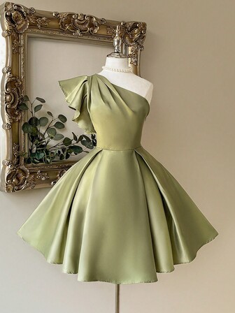 Lovelzi Elegant Luxury Asymmetrical Neck Cap Sleeve Ruched Satin Dress, Suitable For Weddings, Parties, Vacations, Bridal Gifts, Special Occasions, For Bride