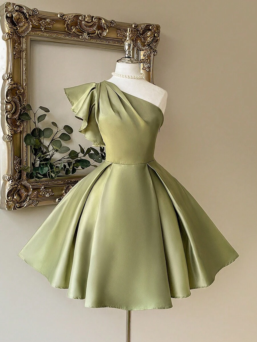 Lovelzi Elegant Luxury Asymmetrical Neck Cap Sleeve Ruched Satin Dress, Suitable For Weddings, Parties, Vacations, Bridal Gifts, Special Occasions, For Bride