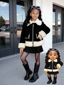 年轻女孩黑色仿麂皮羊毛复合夹克，采用柔软的麂皮羊毛复合纹理，衣领、下摆和袖口处饰有奶油色羊毛饰边，银色拉链开合，对称仿口袋，圆形纽扣装饰，剪裁剪裁融合了复古与时尚风格，秋冬