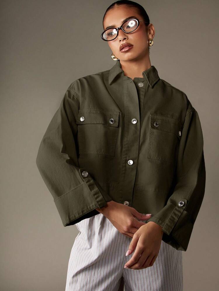 MISSGUIDED Cotton Oversized Utility Denim Jacket Button Down Cropped Workwear Collared Shirt With Metal Snap Buttons Front Pockets Cuffed Sleeves Fall Winter Casual