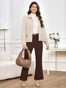 Miaspire 女士休闲提花梭织面料夹克，配有抽绳口袋，适合秋冬季日常穿着 - 杏色 - 查看 7