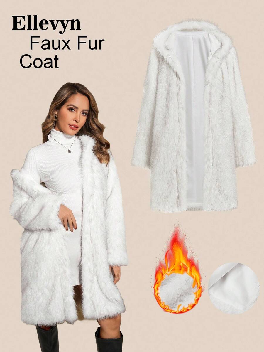 Ellevyn Chaqueta casual de mujer de manga larga con capucha, abierta por delante, de piel sintética suave y holgada, color gris claro, para otoño/invierno - Blanco - Ver 1