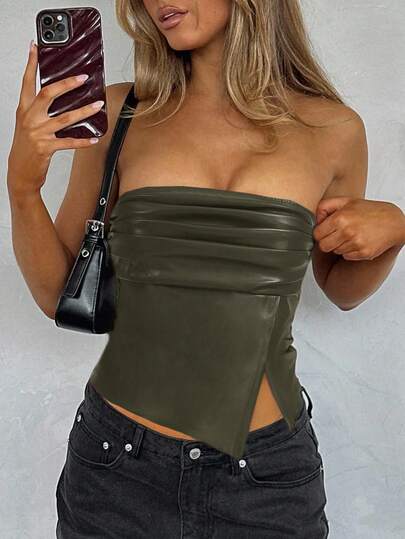 Siren Gaze Women Leather Top Fashionable Ruched Asymmetric Hem Tube Top, Suitable For Going Out And Parties Christmas Top Ruffle PU Leather Side Slit Hem Bandeau Crop Top Leather Tube Top Green Tube Top Curve Tube Top Leather Corset Top Summer Casual