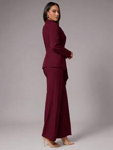 Silquee Traje de chaqueta y pantalones de unicolor con cuello de solapa, manga larga, nudo lateral, elegante para ir al trabajo, adecuado para cóctel, cita romántica, fiesta básica de otoño/invierno, fiesta formal, boda - Burdeos - Ver 5