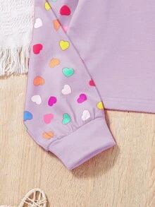 Set de 2 piezas: Sudadera con corazón y estampado floral + Leggings para niñas preadolescentes, otoño e invierno - Morado - Ver 6