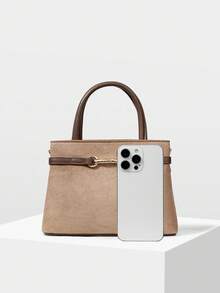 MOTF PREMIUM 通勤时尚纯色鳄鱼压纹金属扣装饰手提包，女士优雅包 - 淺灰色 - 查看 5