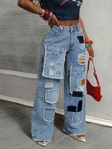 Slaydiva Plus Size Women Cowgirl Style Blue Denim Straight Leg Jeans With Patches, Distressed Hem, Non-Stretch, Spring - Light Wash - View 7