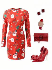 SHEIN Vestido de Navidad para mujer, elegante y cómodo, con estampado digital navideño divertido, a juego con atuendos familiares - Multicolor - Ver 4