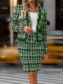 SHEIN Clasi Women's Elegant Plaid Pattern Jacket And Pencil Skirt Suit, Suitable For Office And Commute - Dark Green - View 7