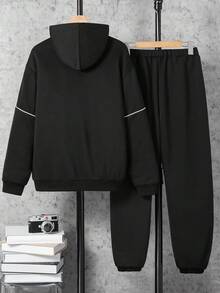 2pcs Casual Hooded Printed Matching Set For Teens, Includes Fashionable Drawstring Pants Fall Winter - Black - View 4