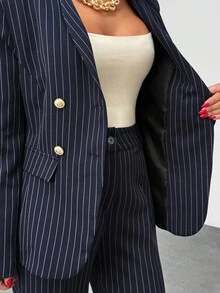 EURMUSE Striped Suit Set, Gold Details Blazer & Flared Fit Pants - Navy Blue - View 7