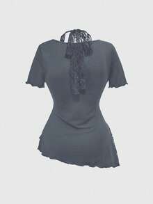 ROMWE Women's Lace Patchwork Asymmetrical Hem Lace Trim Halter Tie Waist T-Shirt - Dark Grey - View 2