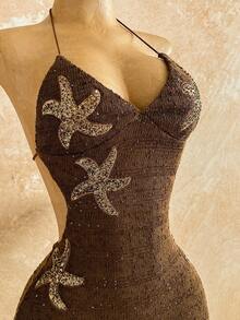 Soleia 女式性感吊带绑带紧身迷你连衣裙 - 咖啡棕 - 查看 2