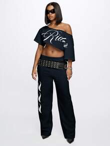 SUMWON WOMEN 奢华天使文字运动裤家居服舒适文字印花宽松休闲秋冬宽腿舒适时尚裤 - 藏蓝色 - 查看 5