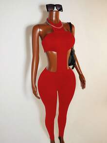 BamGleam Body sexy sem mangas com decote halter e costas nuas de cor sólida