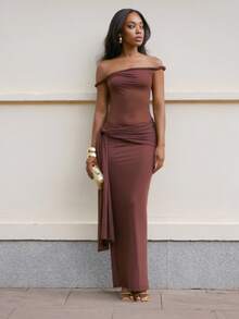 Yess Loren Women's Summer Sexy Solid Color Asymmetric Neckline Dress Drop Waist Dress - Rust Brown - View 4