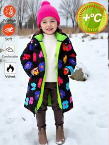 Emery Rose Kids Emery Rose Kids Young Girl Ditsy Floral Hooded Padded Coat Fall Winter - Black - View 2