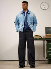 Manfinity Homme 男士深蓝色休闲宽松牛仔裤 - 深色水洗藍 - 查看 3