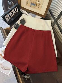 Franclia 时尚简约深灰色高腰女式超短裤，后拉链开合，适合日常通勤、约会和浪漫场合 - 酒紅色 - 查看 2