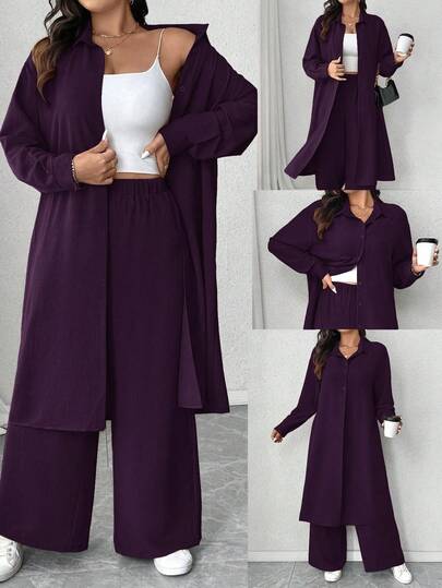 Elenzga Plus Size Pleated Textured Fabric Collared Long Sleeve Long Shirt And Loose Straight Leg Pants Two Pieces Casual Outfit