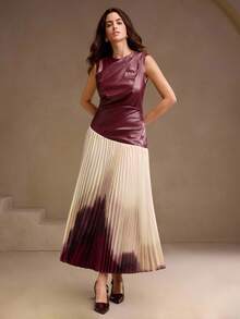 Anewsta Beige Autumn Elegant Dining Women's High-End Sleeveless Leather Jacket Patchwork Gradient Floral Pleated Long Dress,Spring Formal Party New Year Dress - Burgundy - View 6