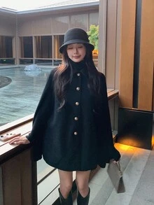 DAZY 女士纯色休闲韩版斗篷外套，前开襟纽扣夹克 - 黑色 - 查看 6